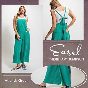 📌 EASEL "Here I Am" Mineral Washed Cotton Wide Leg Jumpsuit Adjustable Straps